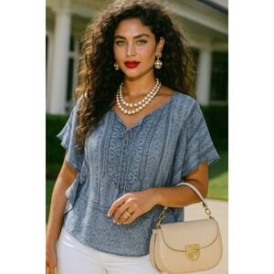 Liz‎ Claiborne Womens Top Large Blue Paisley Tie Neck Flutter Sleeve Boho Office